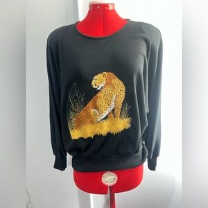 Vintage Stephanie Black Sweater with Cheetah Design size large
